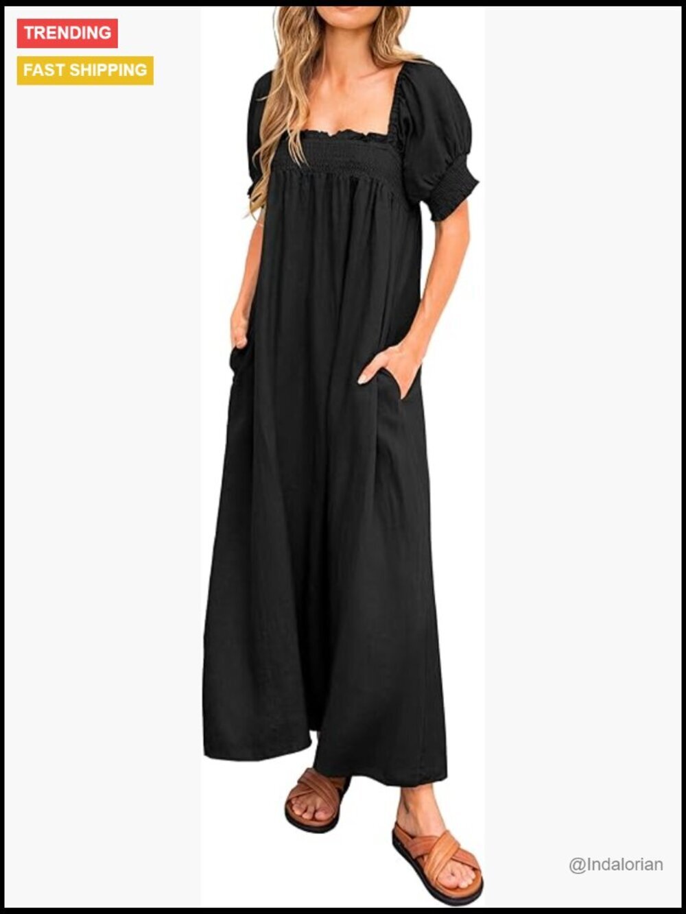 Loose Puff Sleeve Square Neck Maxi Dress with Pockets Maternity